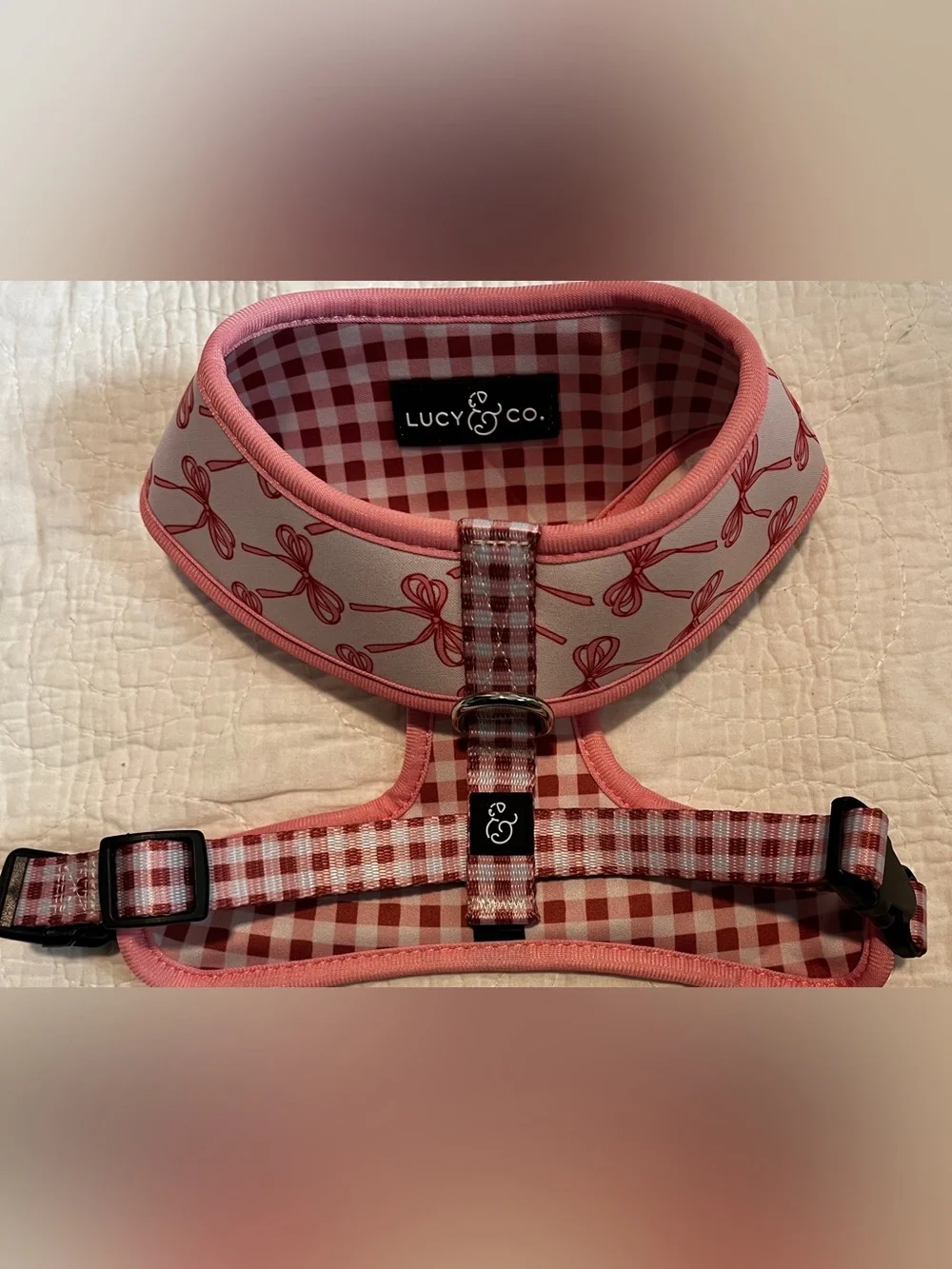 Lucy & Co. Pink Bow & Gingham Dog Harness - Cute Adjustable Small Breed Harness